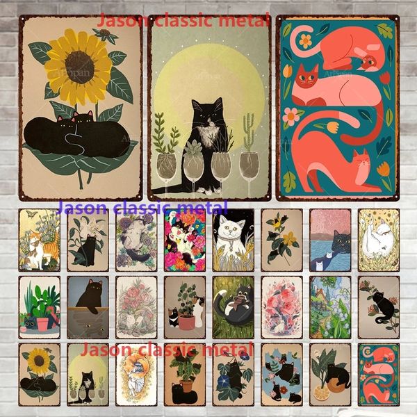 Anime Cartoon Cat Metal Painting Sign Black Cat Funny Cartoon Metal Poster Estilo retro Cartel de chapa Placa para Man Cave Club Home Wall Decor30X20cm W03