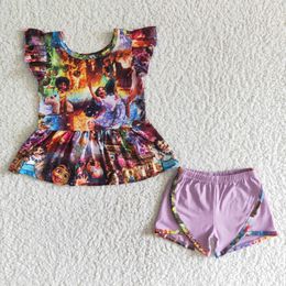 Anime Character Gedrukt Multi-kleuren top in combinatie met stripfiguren Gedrukte paarse shorts Summer Girls Cool tweedelige setkids kledingsets Girls Girls