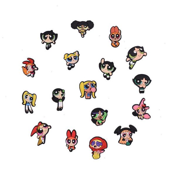 Anime amuletos al por mayor de la infancia Memorias del Powerpuff Girls Juguetes Divertidos Domoros de Regalos Accesorios de zapatos PVC Decoración Hebilla de goma suave Charmos