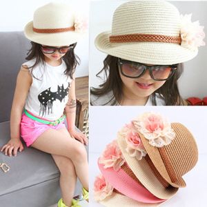 Baby bloem caps kinderen stro fedora hoeden meisjes zon hoed kinderen zomer jazz cap twee bloem sunhat kinderen strand hoeden