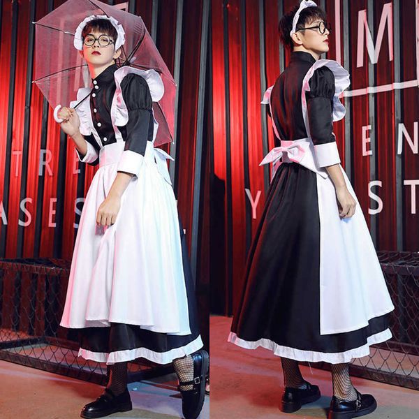 Disfraces de Anime 2021, vestido de sirvienta para hombres y mujeres, Cosplay de Anime, restaurante francés, estilo largo, sirvienta, delantal, vestidos, falda larga negra y blanca Z0301