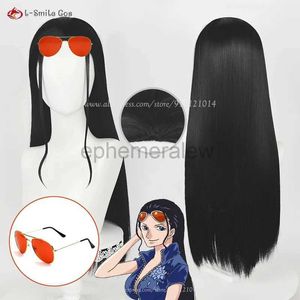 Costumes d'anime 73 cm de long Nico Robin Cosplay perruque noire Miss Allsunday perruque Nico perruques lunettes cheveux résistants à la chaleur femmes fête Anime perruques + bonnet de perruque zln231128