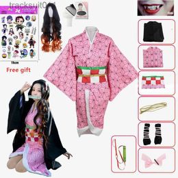 Anime kostuums Anime Demon Slayer Nezuko Cosplay Kom Kimono Kimetsu Geen Yaiba Kamado Nezuko Kom Pruik Dames Meisjes Kimono Uniform Kleding L231027