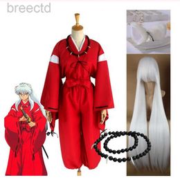 Costumes d'anime anime inuyasha cosplay costume rouge japonais kimono man robe costume vêtements avec perruques oreilles et collier pour la fête d'Halloween 240411