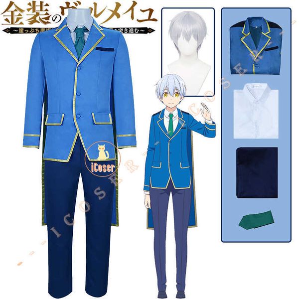 Disfraces de anime Anime Kinsou No Vermeil Goldfilled Cosplay Peluca de pelo Alto Come Abrigo azul Uniforme escolar corto Vermeil blanco en oro Devil Men Z0301