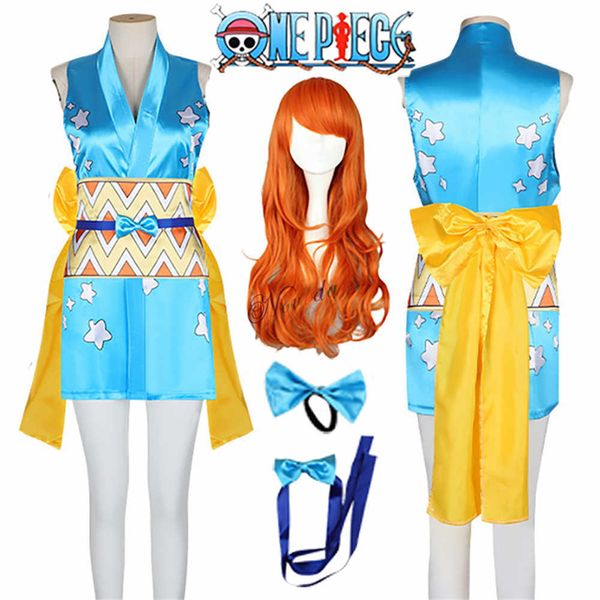 Anime Costumes Anime One Wano Pays Pièce Nami Cosplay Come Wanokuni Style Nami Kimono Robe Outfit Femmes Halloween Carnaval Come Wig Z0301