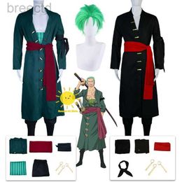 Anime kostuums anime roronoa zoro cosplay kostuum uniform groene zwarte jas riem broek hoofd sjaal zoro pruik oorbellen Halloween mannen kleding 240411