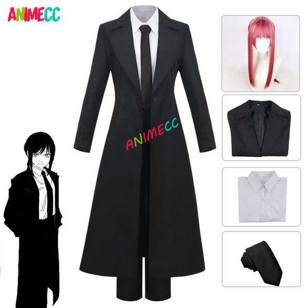 Anime Costumes ANIMECC Tronçonneuse Homme Makima Cosplay Venez Noir Trench Chemise Cravate Pantalon Makima Perruque Longue Lumière Rouge Tresse Hommes Femmes Costume Uniforme Z0301