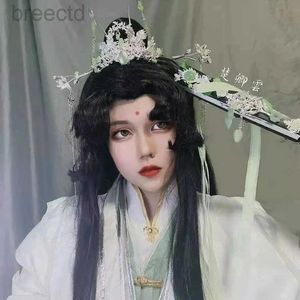 Costumes d'anime cosplay Tian Guan Ci Fu Shi Qingxuan Hair Couronne pliante ventilateur Shi Qing Xuan Black Long Wig Crown Halloween Wig Accessoires Anime 240411