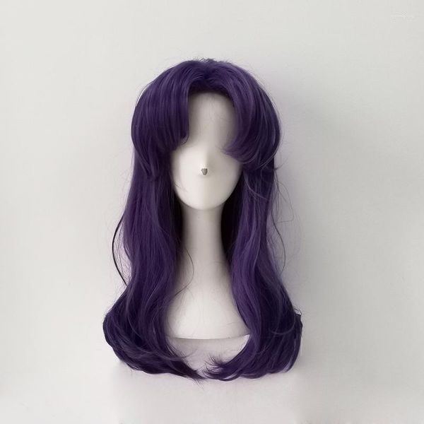 Costumes d'anime EVA Katsuragi Misato perruques style Bang moyen long ondulé violet résistant à la chaleur cheveux synthétiques Cosplay perruque casquette