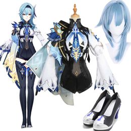 Disfraces de anime Juego Genshin Impact Eula Cosplay Ven uniforme Anime Eula Traje de cosplay Traje encantador Peluca Zapatos para mujeres Fiesta de Halloween Z0301