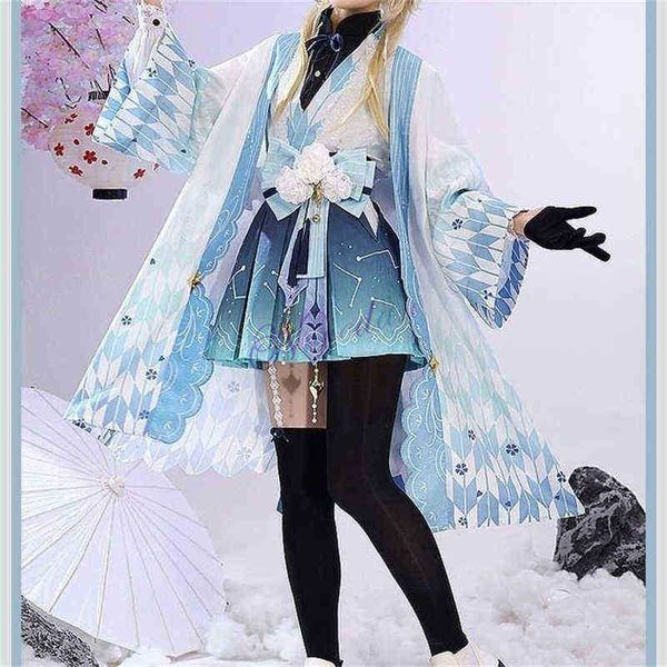 Costumes d'anime Jeu Genshin Impact Lumine Doujin Cosplay Froid Taisho Lolita Kimono Robe Femmes Halloween Voyageur Lumine Cosplay Froid J220915