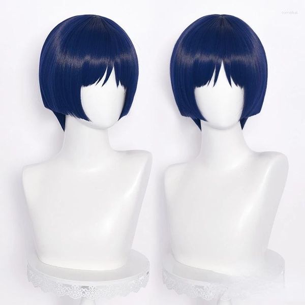Costumes d'anime Genshin Impact Cosplay perruque Scaramouche 30 cm bleu violet noir résistant à la chaleur synthétique cheveux perruques casquette