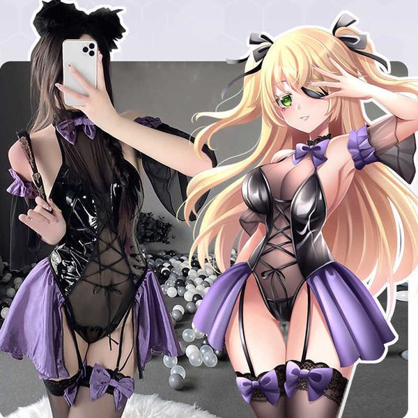 Costumes d'anime Genshin Impact Fischl Cosplay Halloween robe de chambre vêtements de nuit Lolita filles dos nu licou Latex cuir body ensemble de lingerie Z0301
