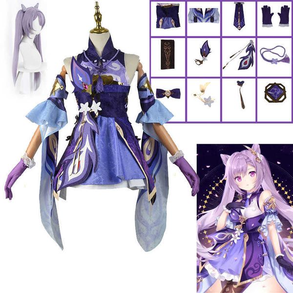 Costumes d'anime Genshin Impact Keqing Cosplay vient perruque Niform Cosplay Anime Style chinois Halloween vient pour les femmes violet Cosplay Z0301