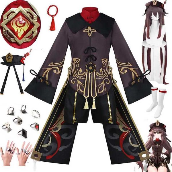 Costumes d'anime Hu Tao Cosplay Come Come Uniform Deluxe Costumes Hat Hat Socks Wig Accessoires Finger Rings Hutao Tenues Y240422