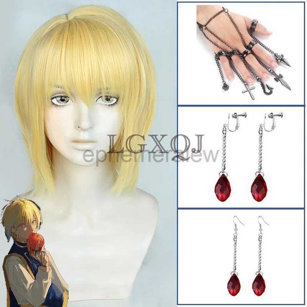 Costumes d'anime Kurapika Kurta Cosplay perruque Anime HUNTERHUNTER Kurapika perruques dorées anneaux boucles d'oreilles accessoire perruques de fête résistantes à la chaleur + bonnet de perruque gratuit zln231128