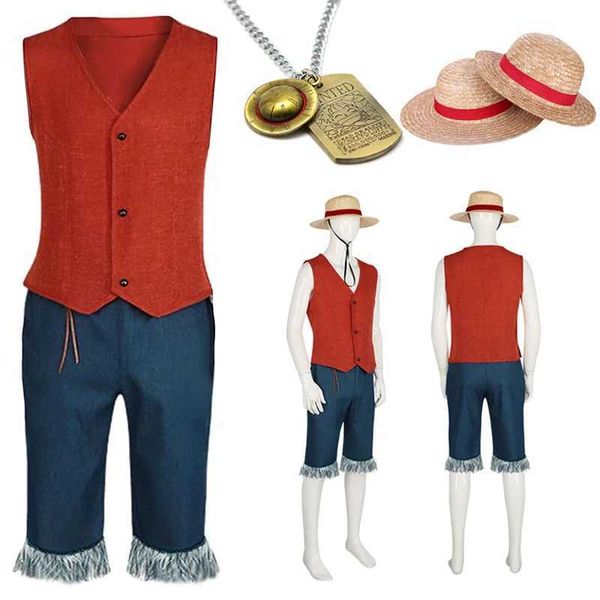 Costumes d'anime Luffy Cosplay Monkey D Luffy Come Red Vest Shorts Hat Corde Anime tenue Adultes Men pour Hallown Party Y240422