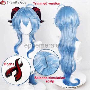 Disfraces de anime Nueva peluca de cosplay Ganyu Genshin Impact Ganyu 95 cm de largo Degradado azul con flequillo Cabello recortado resistente al calor Pelucas lindas + gorro de peluca zln231128
