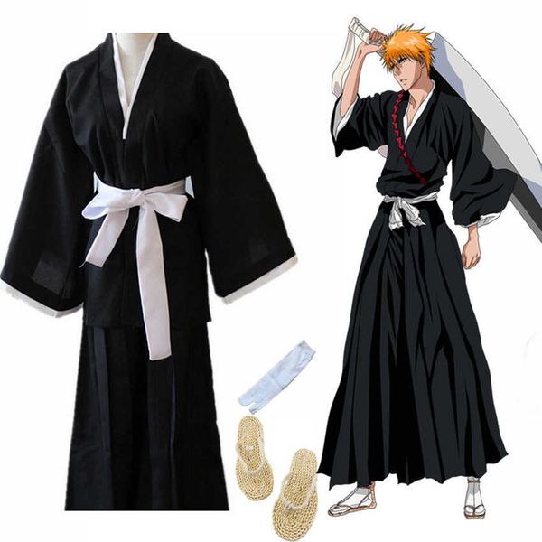 Costumes d'anime Oriental japonais traditionnel Kimono samouraï BLEACH Kurosaki Ichigo Cosplay vient Robe Robe avec sandales de paille Luffy Z0301