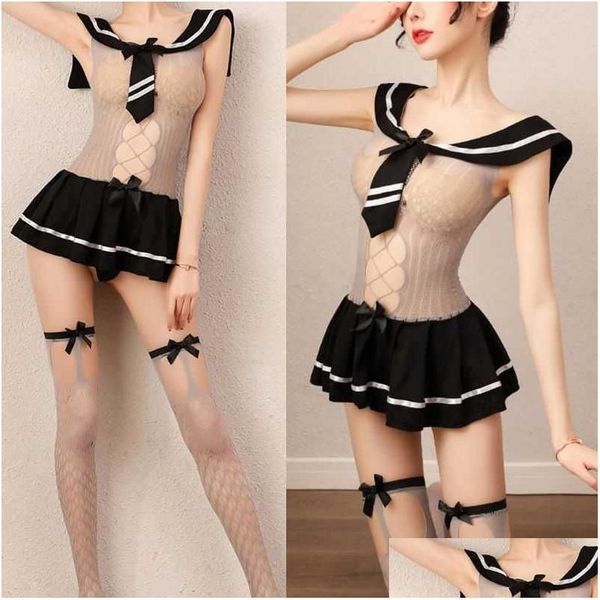 Costumes d'anime Schoolgirl Sexy Cosplay Costume Femmes Erotic Sheer Fishnet Lingerie Mini Dress Student Stripes Uniforme avec bas DHCDP