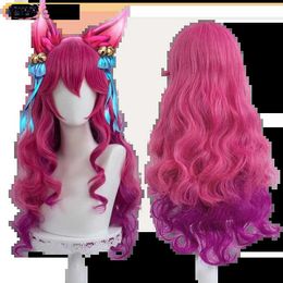 Costumes d'anime spiritueux Blossom Ahri Cosplay Wig Lol Cosplay 70cm Long Curly Wavy résistant à la chaleur Synthétique Hair Game Anime Perruques + Wig Cap 240411