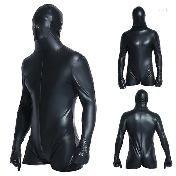 Disfraces de anime Super Cool Sexy Men Mono de charol negro Vinilo Latex Bondage Catsuit Wetlook Leotardo Body para 6736 Cosplay