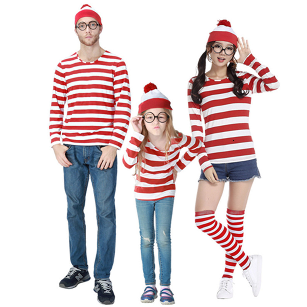 Disfraces de anime SXXL Dibujos animados para padres e hijos ¿Dónde está Wally Waldo Disfraz Semana del libro Traje de cosplay Camisa a rayas Sombrero Gafas Kit 221118