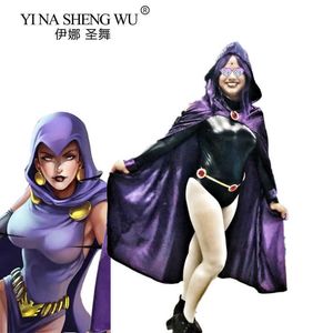 Anime kostuums Teen Titans Super Hero Raven Cosplay Come Women Black Bodysuit Purple Hooded Cloak Jumpsuits Halloween Party Come Suit Z0301