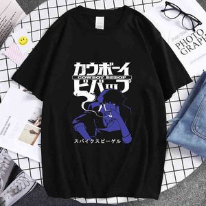 Anime Cowboy Bebop Spiegel Spike Classic Fashion Simple Print Summer Short-Mouwen Dunne Katoen Casual Losse Paar T-shirt 2022 G220216