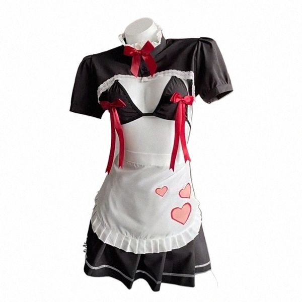 Anime lindo arco corazón criada uniforme traje de cosplay sexy hueco juego de rol camisón ropa interior dulce niña lencería traje Halen o4Ty #