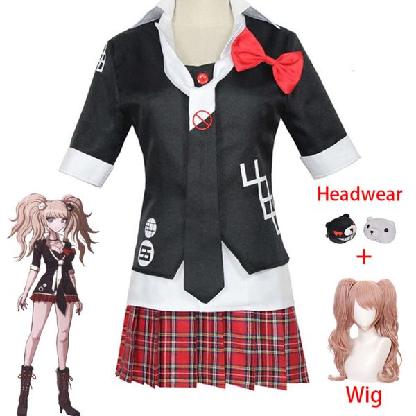 Disfraz de Anime Danganronpa, uniforme de Enoshima Junko, ropa de trabajo de cafetería, Falda corta, peluca trenzada de doble cola