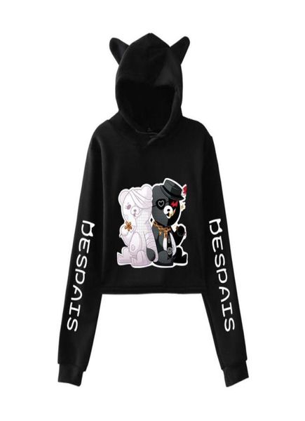 Anime Danganronpa Monokuma Blanco Blanco Corte Crop Hiphop Hiphop Streetwear Kawaii Cat Ear Swearshirt Short Swear3394639