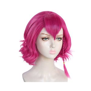 Anime Danganronpa V3 Kazuichi Souda Cosplay Hairwear Style Short Shocking Pink Pruik + Pruik Cap Y0913