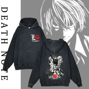 Anime Death Note Hoodies Light Yagami ácido impreso estampado sudaderas lavadas Vintage Haruku Streetwear unisex suelto.