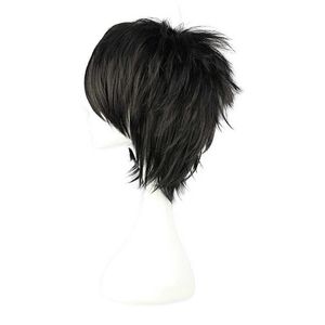 Anime Death Note L COS Pruik Mens L.Lawliet Korte Zwarte Hittebestendige Haar Pelucas Cosplay Kostuum S + CAP Y0913