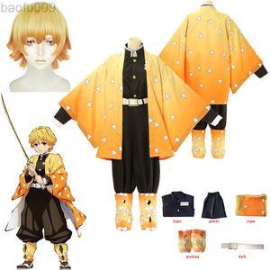 Anime Demon geen Agatsuma Zenitsu Cosplay Kostuum Vrouwen Mannen Kimono Uniform Halloween Party Voor s Volwassenen L220802