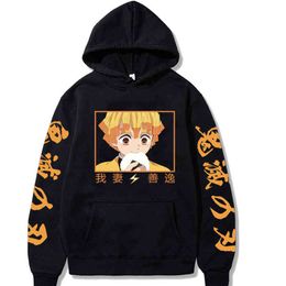 Anime Demon Slayer Agatsuma Zenitsu Kawaii Printed Hoodie Harajuku Grappige Lange mouw Pullover Homme H1227