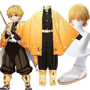 Anime Demon Slayer Kimetsu Geen Yaiba Agatsuma Zenitsu Uniform Cosplay Kostuum Kimono Mantel Pruik Y0903245H