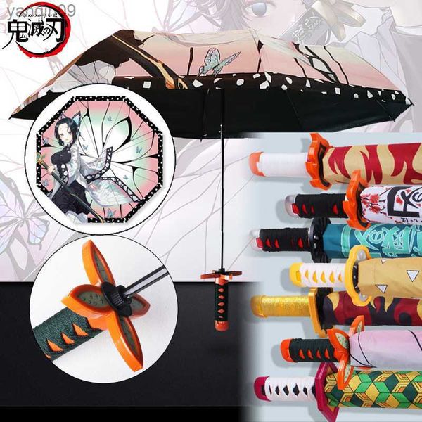 Paraguas de Anime Demon Slayer, sombrilla plegable para todo clima, Kimetsu No Yaiba Tanjirou Shinobu Giyuu Zoro Katana Rain Gear L230626