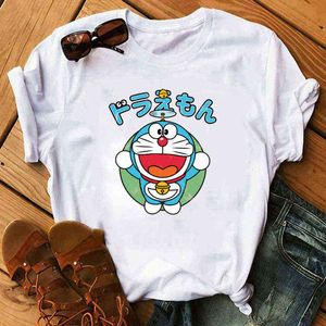 Anime Doraemon ropa mujer verano manga corta camiseta divertida impresión dibujos animados gato gráfico Casual Tops mujeres camisetas G220310