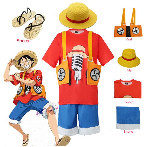 Disfraz de Cosplay de película de Anime para niños y hombres, mono D, sombrero de paja de Luffy, uniforme, camiseta, conjunto de ropa para fiesta de Halloween, Kidcosplay