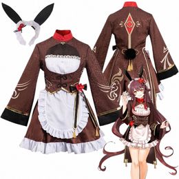 Juego de anime Genshin Impacto Hu Tao Cosplay Pelucas Maid Dr Mujeres Traje Juego de rol Fantasia Halen Carnaval Ropa Disfraz Nuevo z3dT #