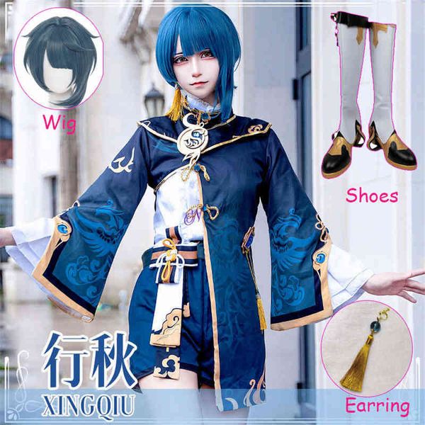 Juego de anime Genshin Impacto XingQiu Cosplay Ven Xing Qiu Traje Zapatos Pendientes Peluca Cosplay Halloween Ven Mujeres Y220516