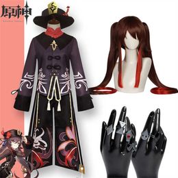 Anime genhin impact hutao cosplay kostuum uniform pruik hoed hu tao chinese stijl jurk vrouw Halloween kostuums accessoires y0903