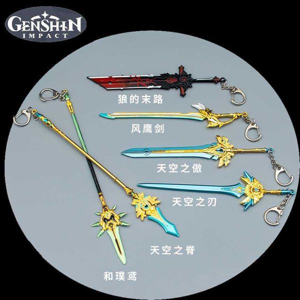 Anime Genshin Impact llavero armas Cosplay Zhongli Diluc Xiao Skyward Blade accesorios bolsa colgante llavero juguetes niños regalo Y0728