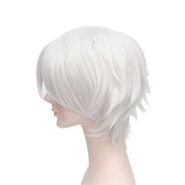 Anime Gintama Gintoki Sakata Cosplay Pruiken 35cm / 13.8 Inches Korte Witte Mannen Synthetisch Haar Perucas Pruik Y0913
