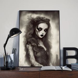 Anime Goth Girl With Flower Horror Dark Gothic Gril Portret Posters Print canvas schilderen Wall Art Foto voor kamer Home Decor