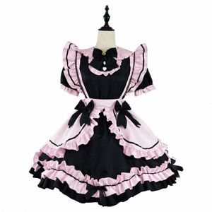 Anime gothique Lolita JSK Dr manches courtes Kawaii Bow Maid Party Dres Cosplay Chats Fille Harajuku Mignon Rose Volants Noir E2Cz #