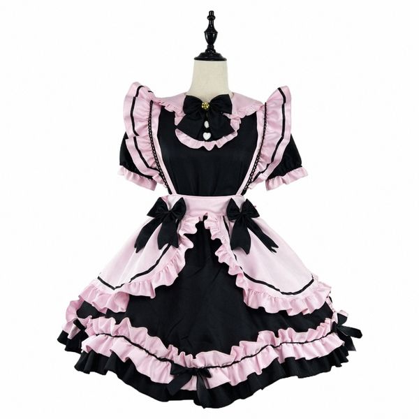 Anime gótico lolita jsk dr manga corta kawaii arco mucama fiesta dres cosplay gatos niña harajuku lindo rosa volantes negro e2cz #